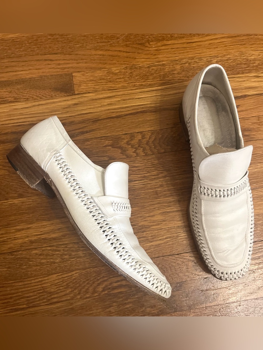 Vtg 70s Idlers Florsheim white leather shoes men’s 10 N disco Italy braided